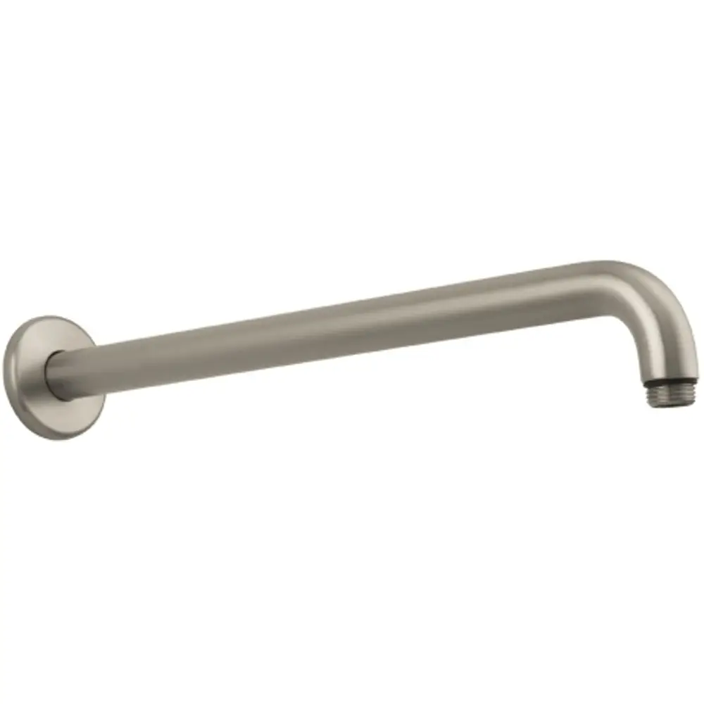 Brausearm aus gebürstetem Nickel, montiert an einer Wand, mit einem abgewinkelten Ende und Gewindeanschluss, hergestellt von Hansgrohe.
